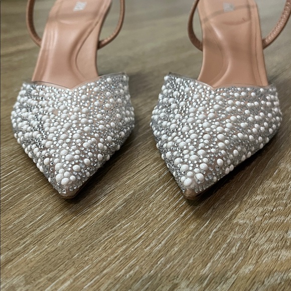 Zara Clear Pearl & Rhinestone embellished Pointed Toe Slingback Kitten heels 37 - Picture 10 of 15